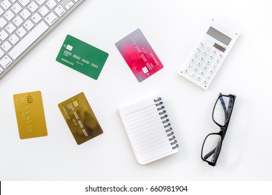 Accountant Or Banker Desk With Calculator, Keyboard And Notebook White Background Top View Mockup