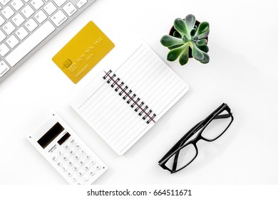 Accountant Or Banker Desk With Calculator, Keyboard And Notebook White Background Top View Mockup