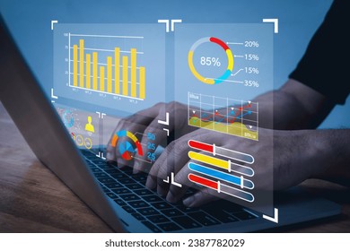 accountant executive analyze virtual graphic financial graph chart diagram on laptop computer, digital technology, business strategy, stock market investment, business finance technology concept