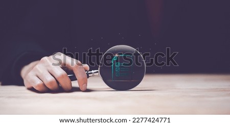 accountant holding a magnifying glass ,Show document audit concept quality assessment with a checklist business document evaluation process ,process of reviewing plans and evaluating their correctness