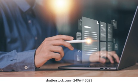 Accountant showing office document auditing concept ,plan review process and assess correctness ,Management of important document storage of organization ,document system ,accountant Audit documents	