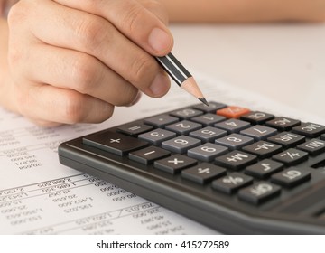 Accountant Using A Calculator To Calculate The Numbers. Bookkeeping, Accountancy Concept.