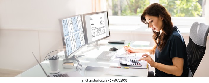 Buchhalter, die E-Rechnungssoftware auf dem Computer im Büro verwenden