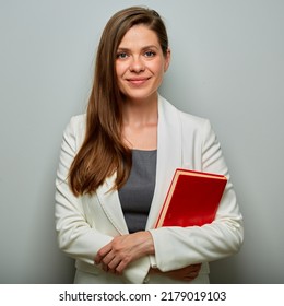 Accountant Woman With Red Book Isolated Portrait.