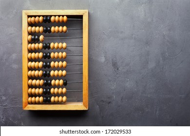 Accounting abacus on gray textured background with copy space