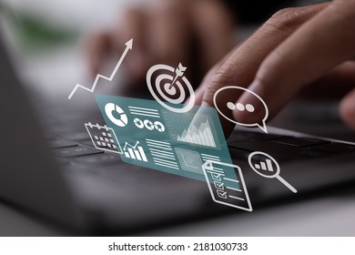 Accounting, Analysis, Audit, Research, Results. Clipboard, Report, Target, Calendar, Magnifier. Financial Report. Laptop With Graphs And Charts On The Screen.