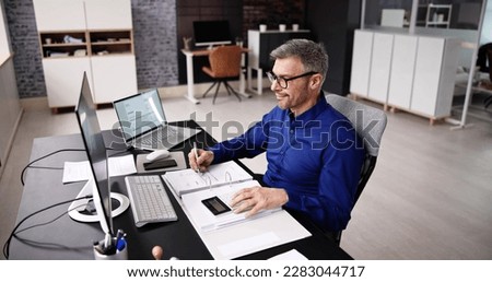 Accounting Bookkeeper Clerk Man. Bank Advisor And Auditor Foto stock © 