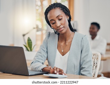 Accounting, Business And Black Woman Typing On Calculator While Working On The Web In Office At Work. African Accountant Working And Planning In Finance On A Laptop For Financial Corporate Company