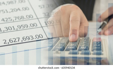 Accounting business concept. Business people using calculator with accounting report and financial statement.