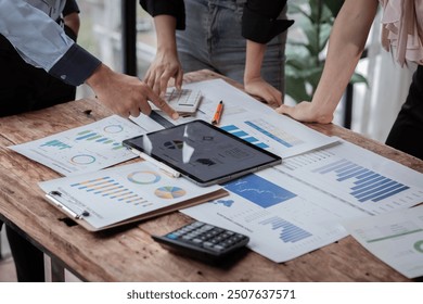 Accounting company provide finance and taxation planning for profitable cash flow, Auditor and accountant team working in office, analyze financial data and accounting record with calculator.Insight