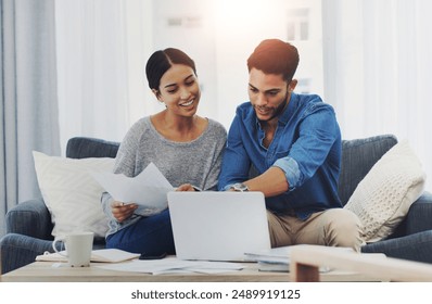 Accounting, documents and laptop with couple on sofa in living room of home for bank payment. Computer, finance or paper with man and woman in apartment to review insurance, mortgage or taxes - Powered by Shutterstock