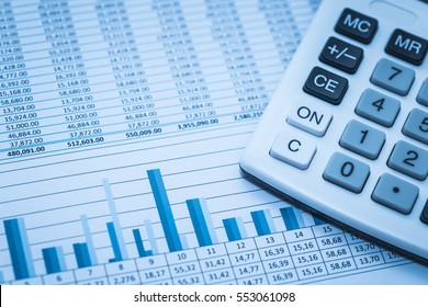 Accounting Financial Banking Stock Spreadsheet Data Numbers With Calculator In Blue. Financial Concept. 