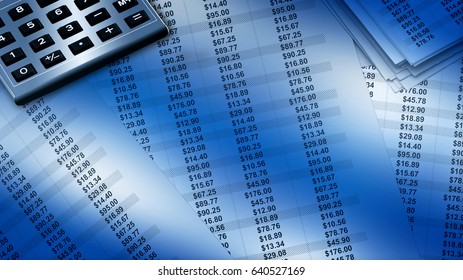 Accounting papers with numbers are spread with a calculator in the image. 