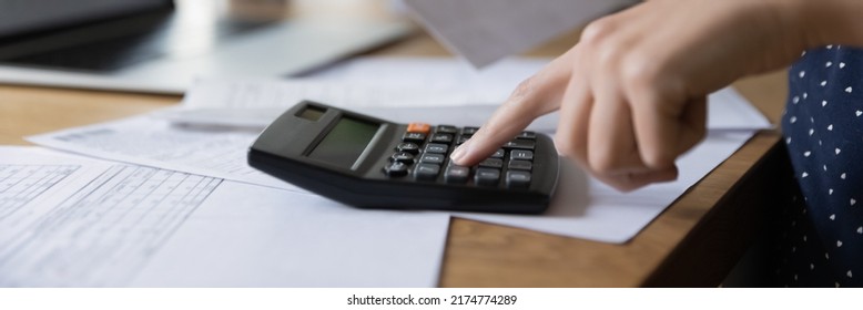 Accounting Professional Woman Counting Money, Expenses, Fees, Analyzing Bills, Financial Reports, Company Budget, Using Calculator, Checking Heap Of Documents, Paying Taxes. Banner Shot, Hand Close Up