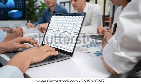Accounting software on computer screen showing financial statement spreadsheets and account balance of corporate business offer accountant a fine calculation accounting brisk