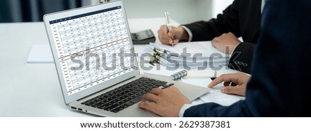 Accounting software on computer screen showing financial statement spreadsheets and account balance of corporate business offer accountant a fine calculation accounting brisk