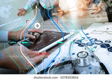 Accurate Diagnosis Appropriate Treatment Medical Concept.Doctor Hand Working With Stethoscope And Laptop Computer Digital Tablet With Virtual Dashboard Interface