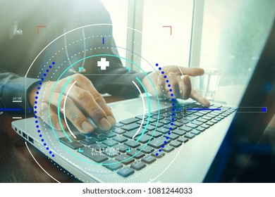 Accurate Diagnosis Appropriate Treatment Medical Concept.Doctor Hand Working With Stethoscope And Laptop Computer Digital Tablet With Virtual Dashboard Interface