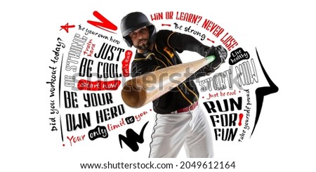 Accurate hit. Close-up sportive man, professional baseball player in motion and action with bat isolated on white background with lettering, graphics and motivating quotes. Collage