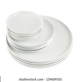 Accurate Pile Stack Of The Round Ceramic White Copyspace Dish Plates Isolated Over White Background, Above View