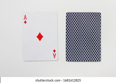 Ace Of Diamonds Playing Card With Deck Isolated On Empty White Table Background. Poker, Blackjack And Various Indoor Card Game Accessory, Ace Of Tiles Single Card