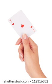 Ace of hearts in hand on a white