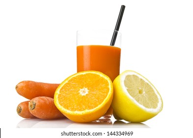 Ace Juice, Orange, Carrot And Lemon On White