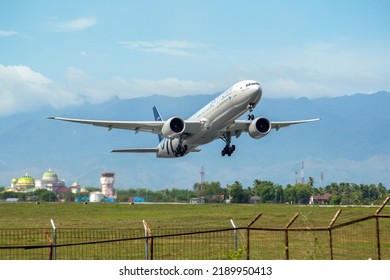 Aceh Besar, Indonesia - August 18th, 2017 - The Boeing B777-300ER Skyteam Livery Full Throttle Power, Taking Of From Aceh International Airport Aceh During Hajj Session.