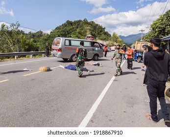 Aceh Indonesia - 14 February 2020: Accident Incident, Two Accident Victims Lying On The Asphalt Road In Banda Aceh Meulaboh Aceh Due To A Motorcycle Accident, Indonesia