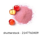 Acerola cherry powder with fresh fruits isolated on white background. Top view. Flat lay. 