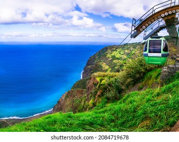 Achadas da Cruz cable car in Madeira island, western part. Spectacular sea and rocky mountains scenery, popular tourist attraction