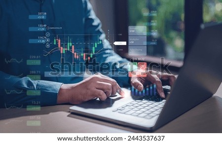 achieve, chart, global, graph, indicator, index, invest, management, trader, strategy. A man is using a laptop to analyze financial data. Concept of focus. and the presence of multiple graphs.