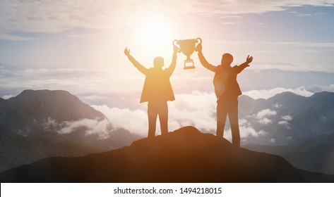 Achievement and Business Goal Success Concept - Creative business people with icon graphic interface showing employee reward giving for business success achievement.