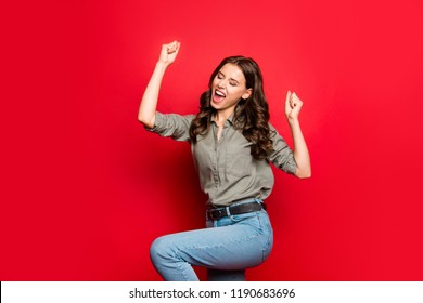 Achievement Concept. Profile Side View Photo Of Gorgeous, Good-looking Person In Casual Shirt Raised Fists, Eyes Close Up Isolated On Shine Red Background