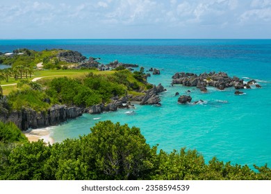 Achilles Beach aerial view at Achilles' Bay next to Fort St. Catherine near St. George's Town in Bermuda. Historic St. George and Fortifications is a World Heritage Site since 2000. 