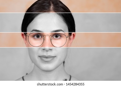 Achromatopsia & Vision Concept. Portrait Of A Sexy Young Woman Wearing Eye Glasses. Partially Color Blind Portrait Shows Blocks Of Monochrome And Color.