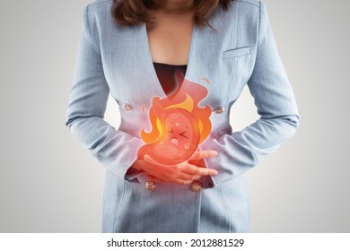 Acid Reflux Disease Symptoms Or Heartburn, Illustration Stomach Burn On Woman's Body Against Gray Backgroundd, Concept With Healthcare And Medicine