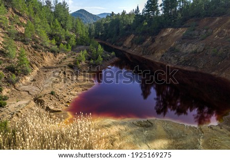 Acidic red lake in abandoned open pit mine in a forest, result of the pyrite ore extraction in the area