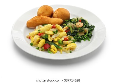 ackee and saltfish, jamaican cuisine isolated on white background