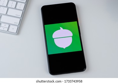 Acorns App Logo On A Smartphone Screen. Manhattan, New York, USA May 2, 2020.