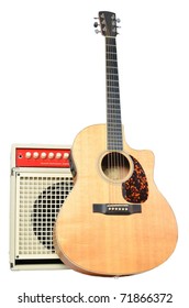Acoustic electric guitar with an acoustic instrument amplifier.