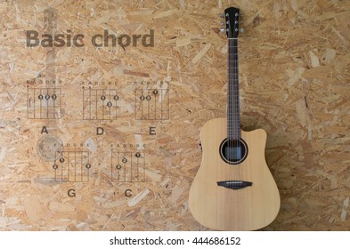 Acoustic guitar with basic chord on wood background