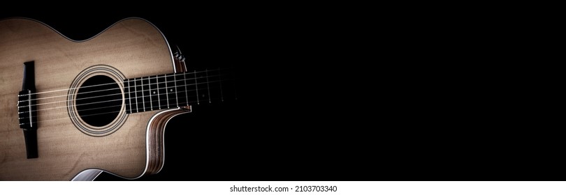 Acoustic Guitar And Blank Black Background Hear Or Banner With Copy Space