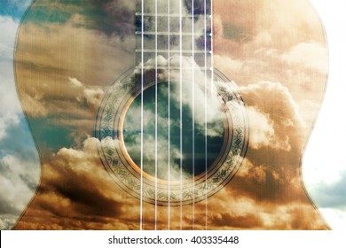 Acoustic guitar composition.Double exposure.Music concept. Acoustic guitar design