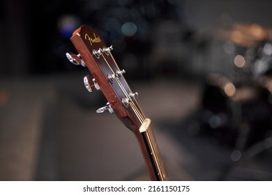 acoustic guitar fretboard close-up. acoustic guitar parts, blurred background