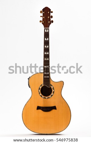 Acoustic guitar in front of white background