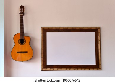 Acoustic Guitar Hanging On The Wall On The Side Of Frame Mockup.