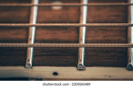 Acoustic Guitar Neck, Macro Shot, Guitar Detail.