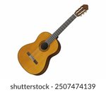 Acoustic guitar showcasing a natural wood finish with a classic design, featuring six strings, a curved body, and detailed rosette around the soundhole for enhanced acoustics.