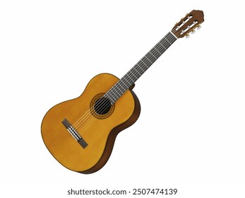 Acoustic guitar showcasing a natural wood finish with a classic design, featuring six strings, a curved body, and detailed rosette around the soundhole for enhanced acoustics.